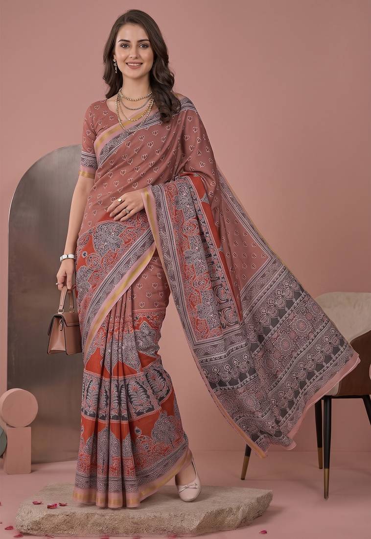 Cinemon linen block print bollywood digital print saree