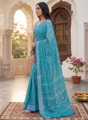 teal blue chanderi graphic printed ready to wear saree 3