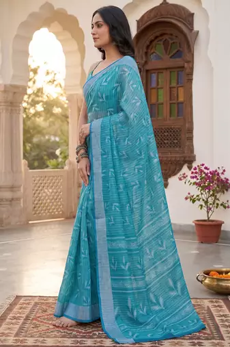 teal blue chanderi graphic printed ready to wear saree