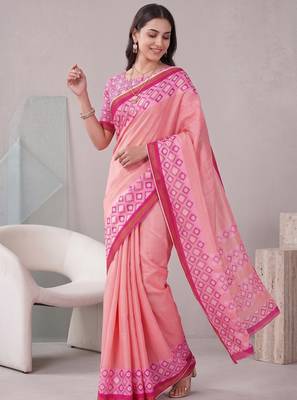 peach pink chanderi block digital print bollywood saree 1