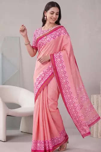 peach pink chanderi block digital print bollywood saree