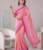 peach pink chanderi block digital print bollywood saree