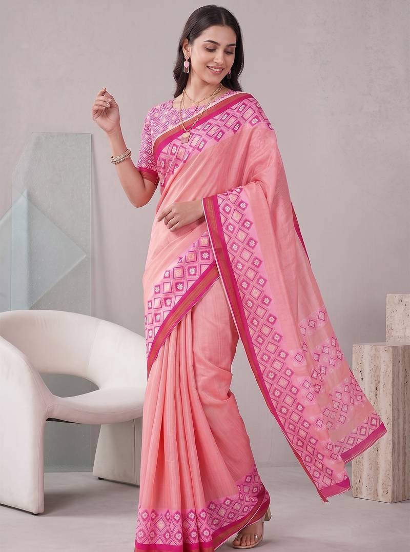 peach pink chanderi block digital print bollywood saree