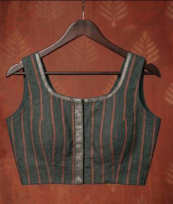 greyish- green chanderi striped & geometric printed ready to wear saree 5