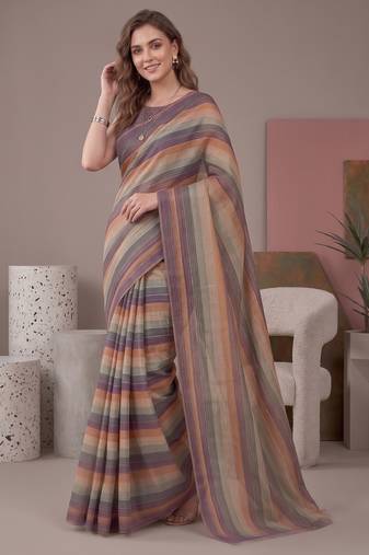 Multicolor linen striped bollywood digital print saree