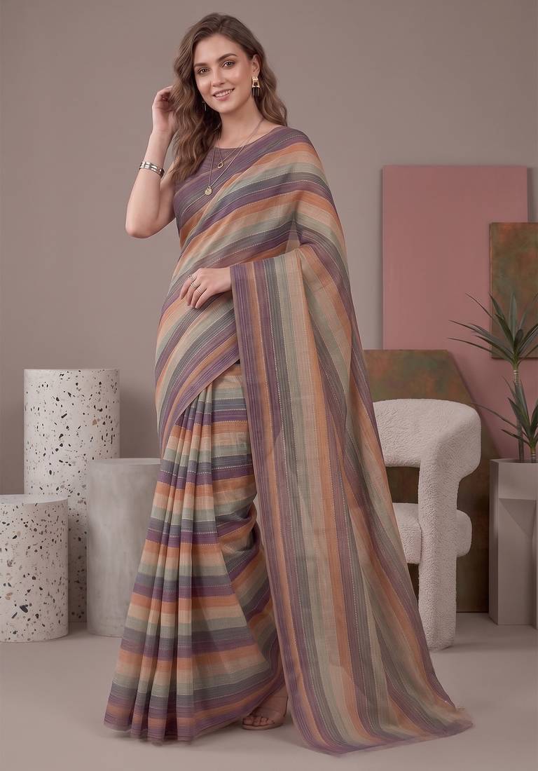 Multicolor linen striped bollywood digital print saree