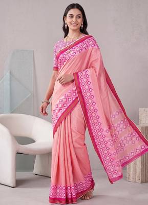 peach pink chanderi block digital print bollywood saree 2