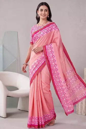 peach pink chanderi block digital print bollywood saree