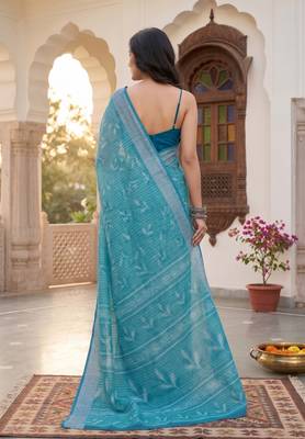 teal blue chanderi graphic printed ready to wear saree 4