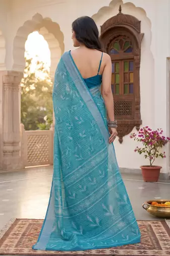 teal blue chanderi graphic printed ready to wear saree
