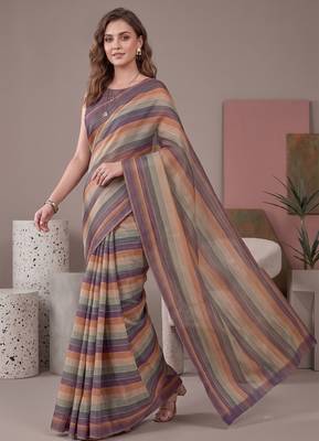 Multicolor linen striped bollywood digital print saree 2