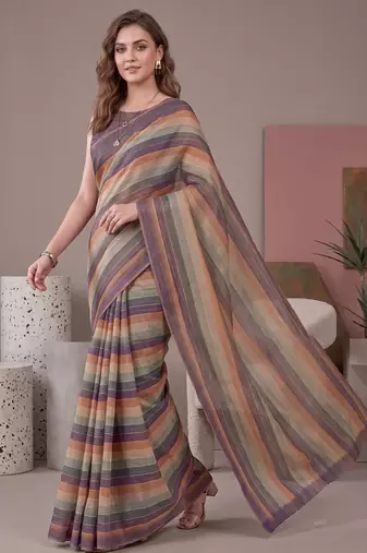 Multicolor linen striped bollywood digital print saree