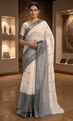 off white & grey chanderi ethnic butti printed ready to wear saree 1