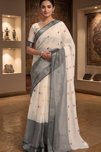 off white & grey chanderi ethnic butti printed ready to wear saree