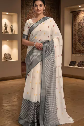 off white & grey chanderi ethnic butti printed ready to wear saree