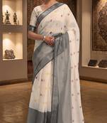 off white & grey chanderi ethnic butti printed ready to wear saree
