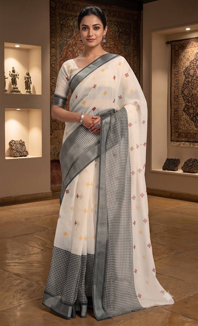 off white & grey chanderi ethnic butti printed ready to wear saree