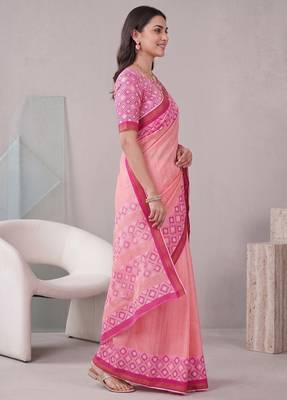 peach pink chanderi block digital print bollywood saree 3