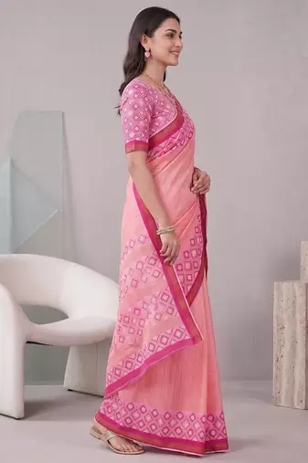 peach pink chanderi block digital print bollywood saree
