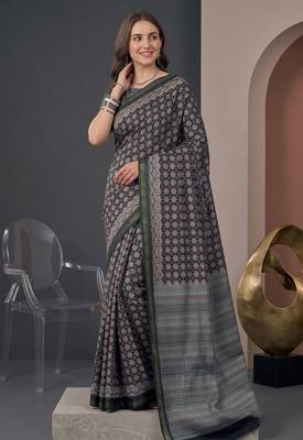 Black  linen ajrakh print bollywood digital print saree 1