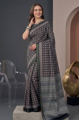 Black  linen ajrakh print bollywood digital print saree