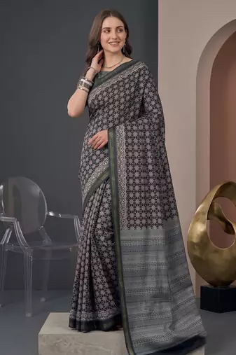 Black  linen ajrakh print bollywood digital print saree