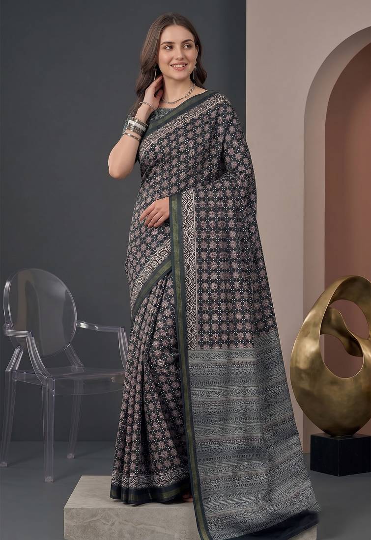 Black  linen ajrakh print bollywood digital print saree