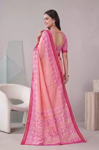 peach pink chanderi block digital print bollywood saree
