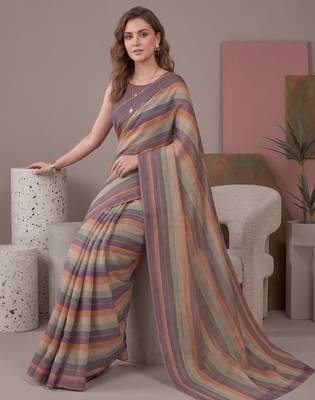 Multicolor linen striped bollywood digital print saree 3