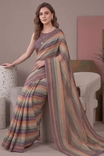 Multicolor linen striped bollywood digital print saree