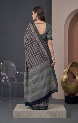 Black  linen ajrakh print bollywood digital print saree 2