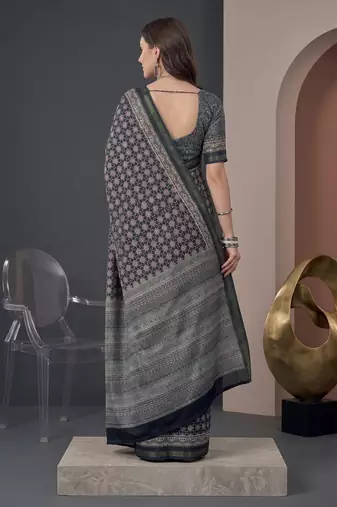 Black  linen ajrakh print bollywood digital print saree