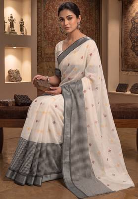 off white & grey chanderi ethnic butti printed ready to wear saree 2