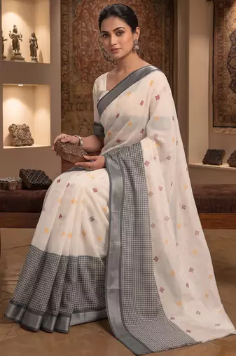 off white & grey chanderi ethnic butti printed ready to wear saree