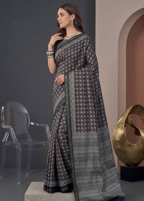Black  linen ajrakh print bollywood digital print saree 3