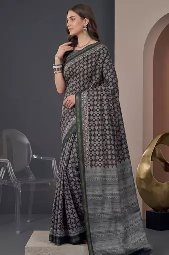 Black  linen ajrakh print bollywood digital print saree