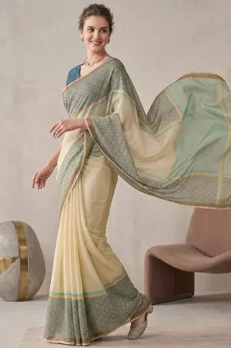 beige chanderi geometric digital print bollywood saree