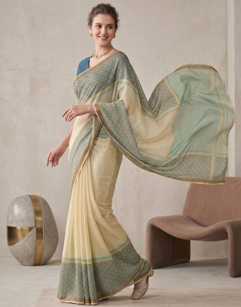 beige chanderi geometric digital print bollywood saree
