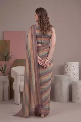 Multicolor linen striped bollywood digital print saree