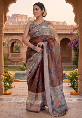 brown chanderi digital printed ready to wear saree 1