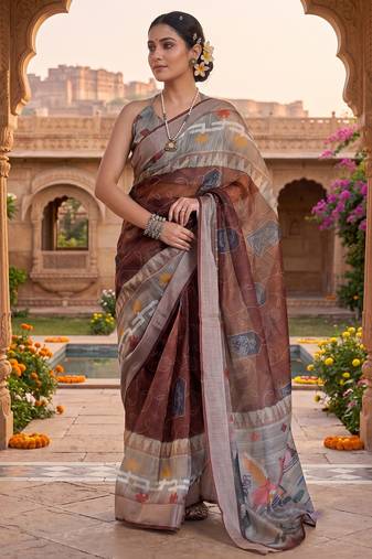brown chanderi digital printed ready to wear saree