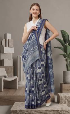 Blue linen geometric bollywood digital print saree 1