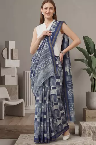 Blue linen geometric bollywood digital print saree