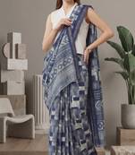 Blue linen geometric bollywood digital print saree