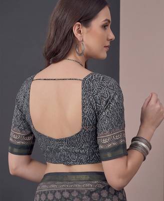 Black  linen ajrakh print bollywood digital print saree 4