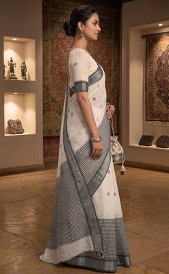 off white & grey chanderi ethnic butti printed ready to wear saree 3