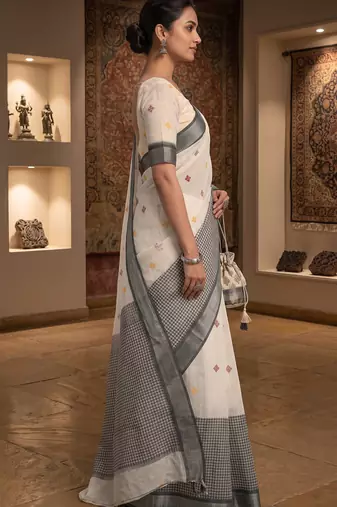 off white & grey chanderi ethnic butti printed ready to wear saree