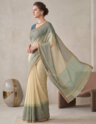 beige chanderi geometric digital print bollywood saree 2