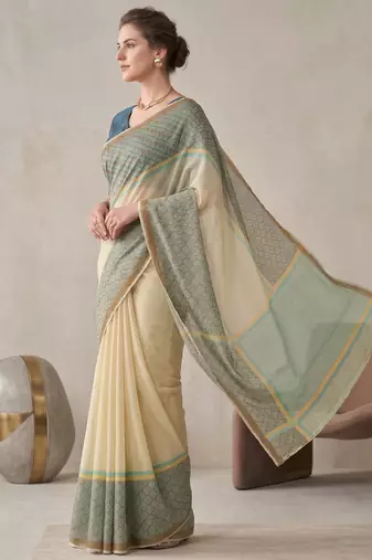 beige chanderi geometric digital print bollywood saree