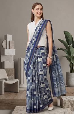 Blue linen geometric bollywood digital print saree 2